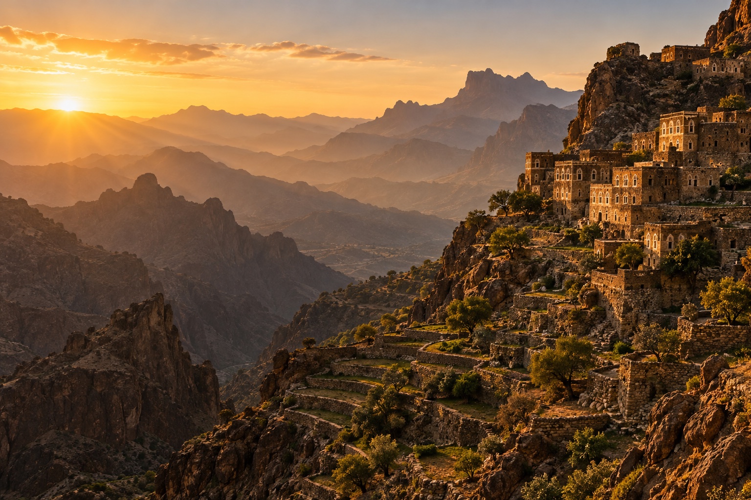 An artistic interpretation of Yemen’s terraced mountain landscape